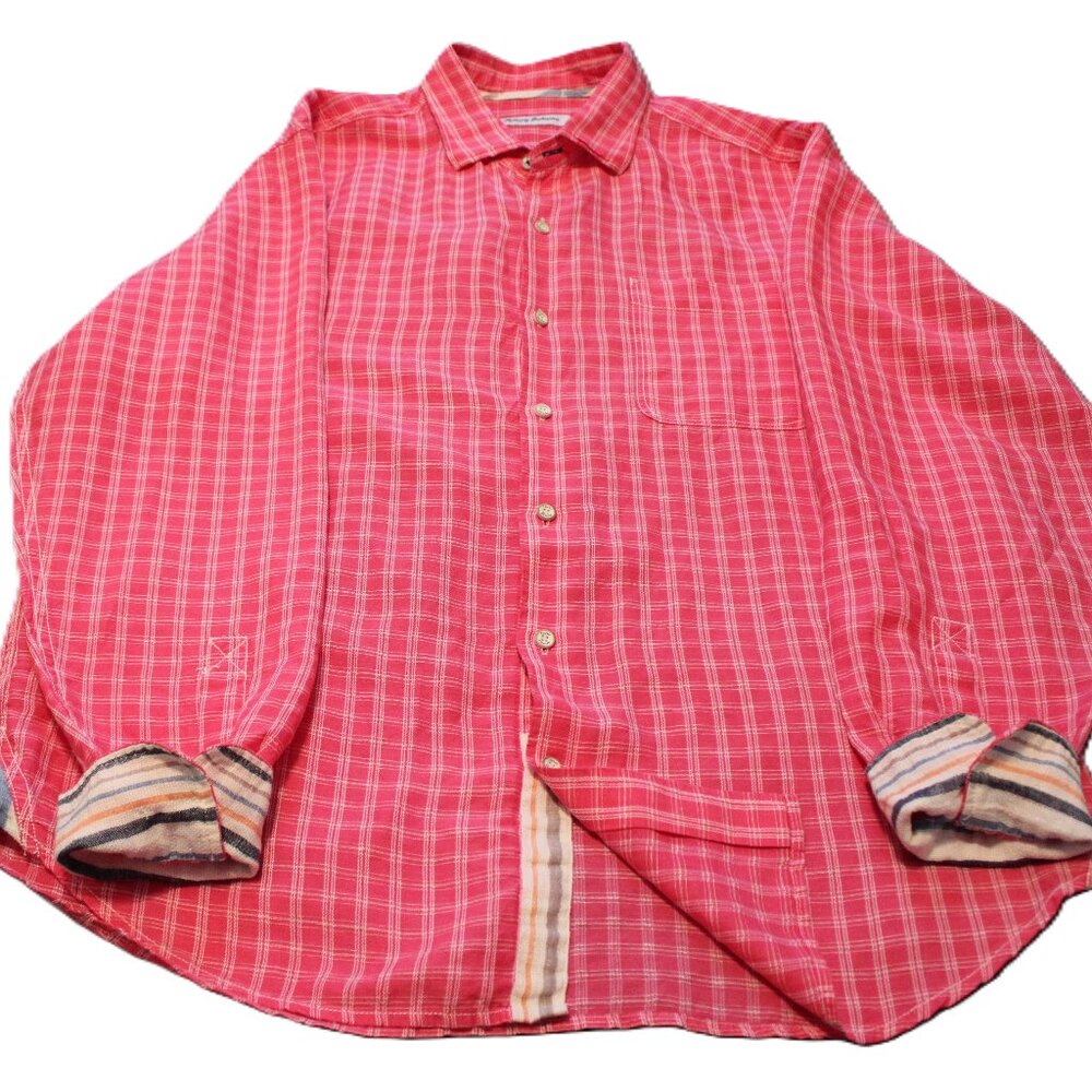Coastal American Eclectic Tommy Bahama Pink Plaid Button-up Shirt Men’s Large